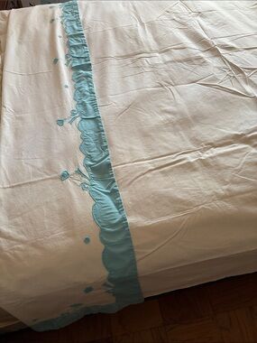 Vintage Hand Made Embroidered Cotton Queen Top Sheet, Teal & White